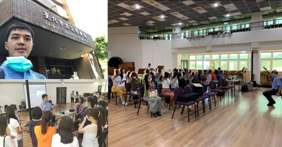 蘇炯睿醫師於台北市立交響樂團演講，團員在排練廳一同進行伸展