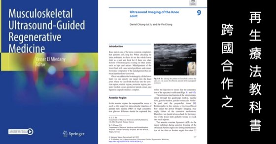 Musculoskeletal Ultrasound-Guided Regenerative Medicine 教科書封面，以及蘇炯睿醫師撰寫之膝關節超音波章節內頁